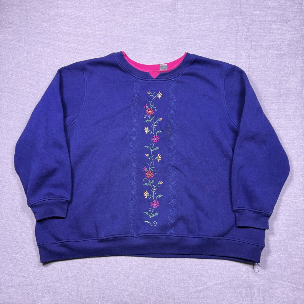 VTG Shenanigans Royal Blue Floral Embroidered Crewneck Sweatshirt‎ Women's 3XL